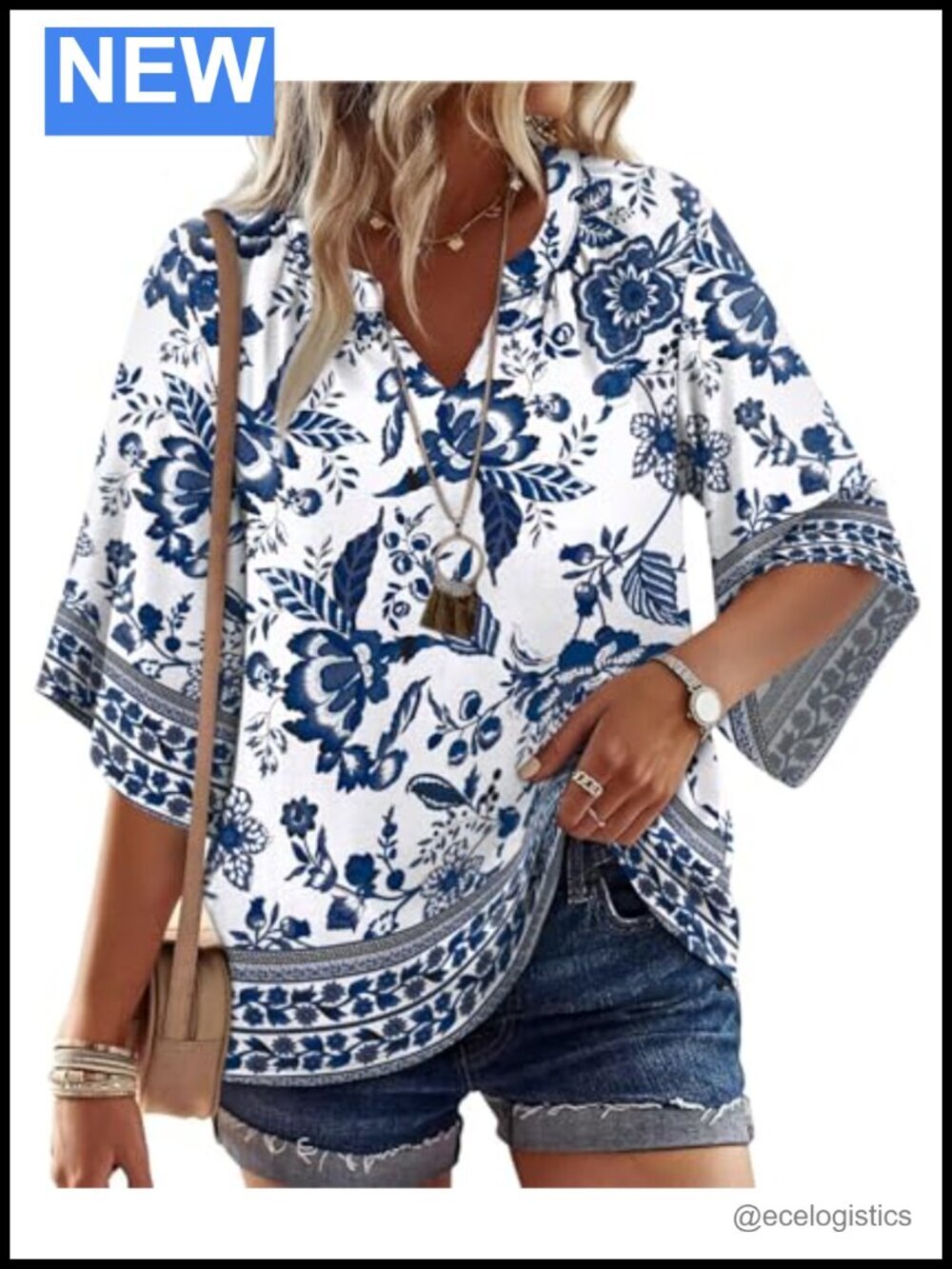 Womens Boho Tunic Top 3/4 Sleeve V Neck Loose Fit Plus Size Flowy Blouse